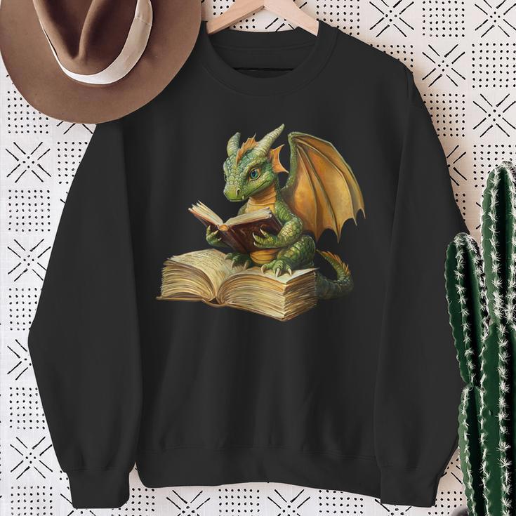 Women's Dragon Bookworm Reading Book Graphic Sweatshirt Gifts for Old Women