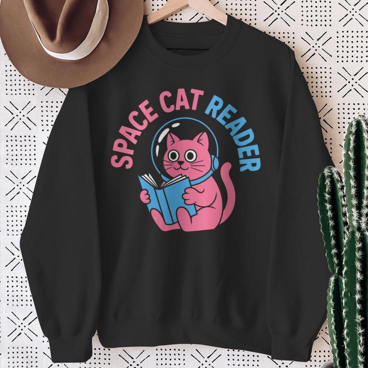 Women's Space CAT Reader Pink Helmet Blue Book Nerd Galaxy Kitty Sweatshirt Gifts for Old Women