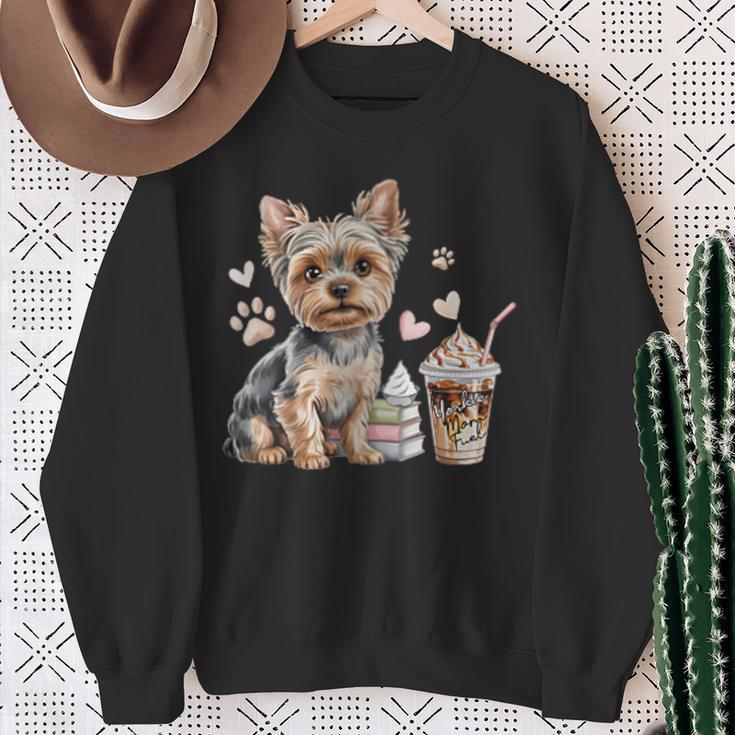 Women's Yorkie Dog Moms Iced Coffee And Books Yorkshire Terrier Sweatshirt Gifts for Old Women
