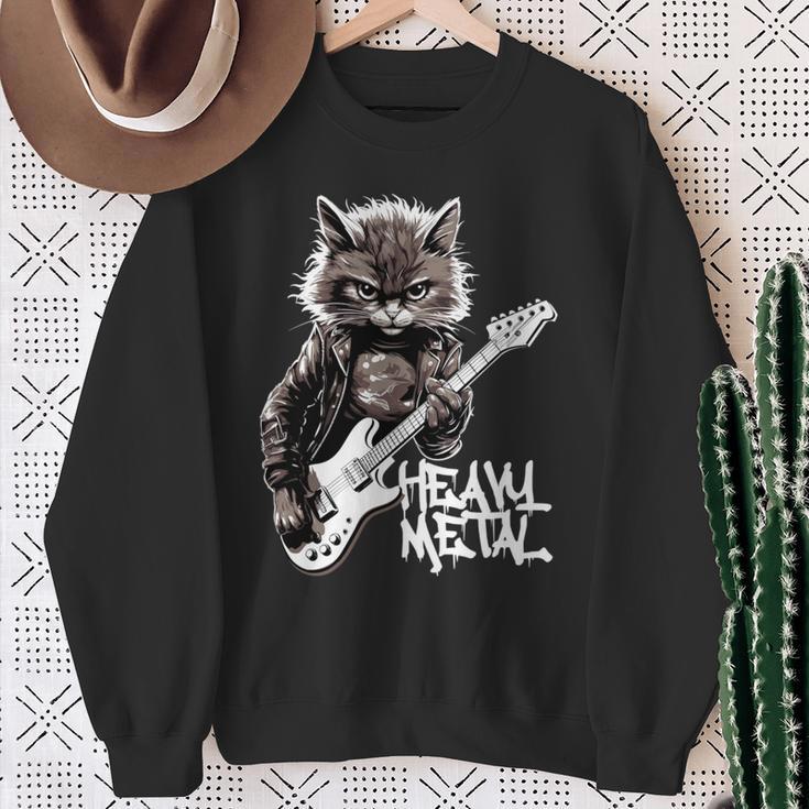 ギターを弾く猫 ヘヴィメタル ロックキャット おもしろギタリスト 長袖tシャツ スウェットシャツ 年配の女性への贈り物