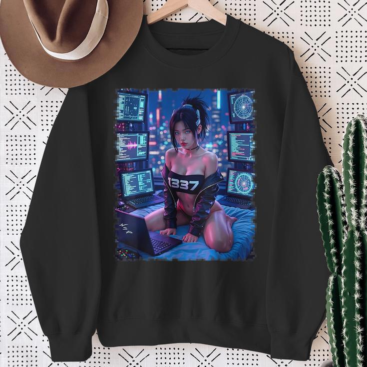 セクシーガールグラフィックtシャツ 1337 サイバーパンク ハッカーガール スウェットシャツ 年配の女性への贈り物