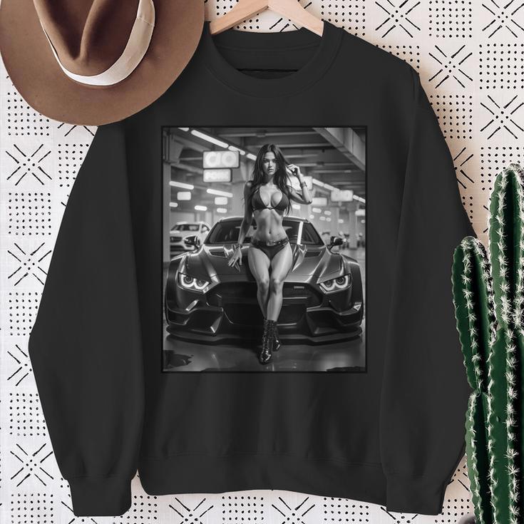 セクシーガールグラフィックtシャツ セクシーピンナップモデル&エキゾチックカーb&W 長袖tシャツ スウェットシャツ 年配の女性への贈り物