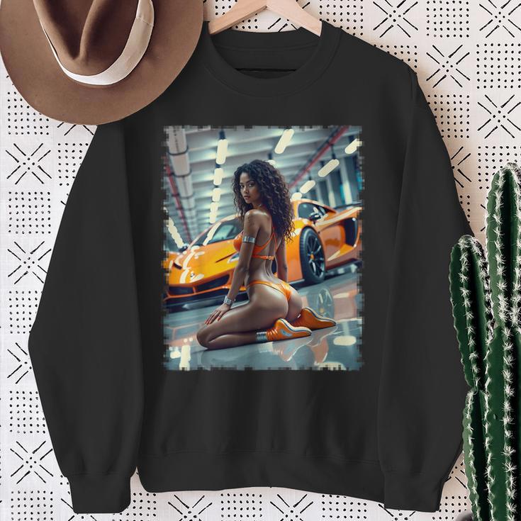 ピンナップガールtシャツ 男性用 ブラックピンナップガール&エキゾチックカー スウェットシャツ 年配の女性への贈り物