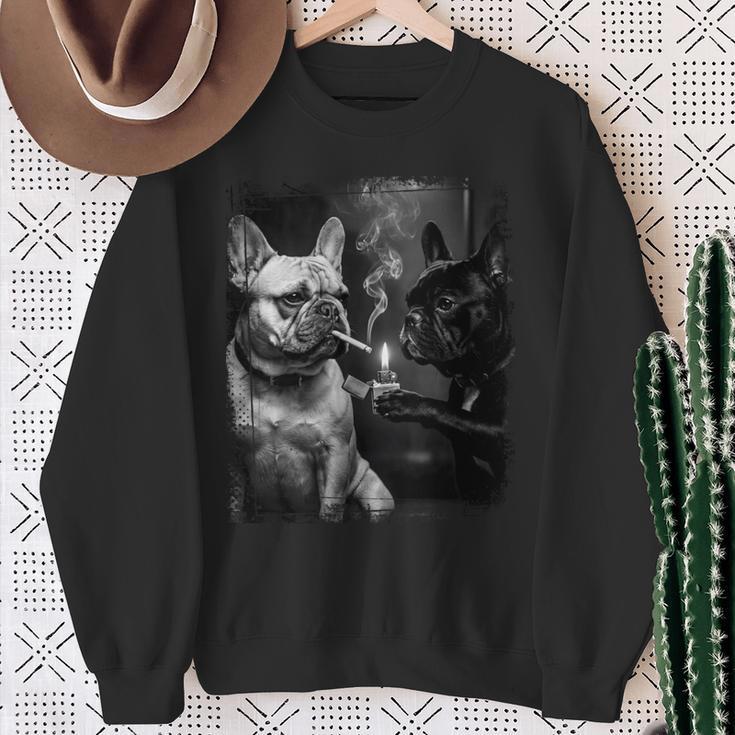 フレンチブルドッグ 喫煙犬 ライター モノクロアート 長袖tシャツ スウェットシャツ 年配の女性への贈り物