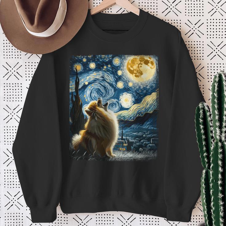 ポメラニアン 犬 イヌアート ゴッホ 星月夜 ポメラニアン 長袖tシャツ スウェットシャツ 年配の女性への贈り物
