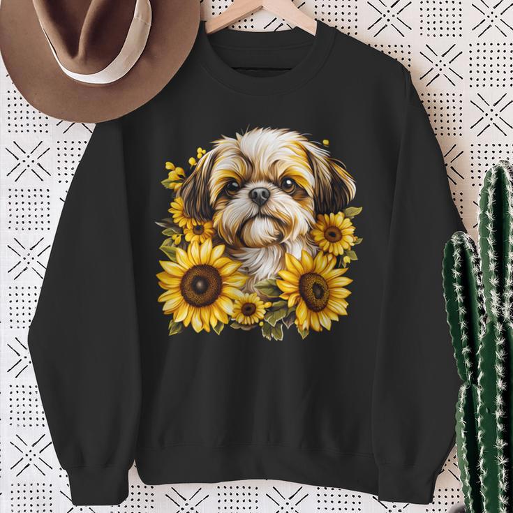 面白いtシャツ シーズー ひまわり わんこ メンズ 犬好き グッズ かわいい おもしろ 面白い 服 ネタ 長袖tシャツ スウェットシャツ 年配の女性への贈り物