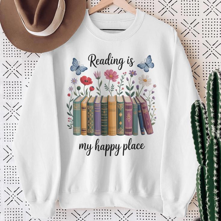 Book Lover Floral Reading Is My Happy Place Sweatshirt Gifts for Old Women