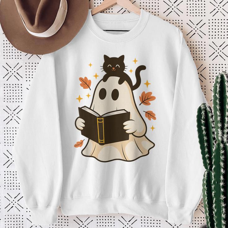 Books Ghost Reading Book Halloween Library Cat Fall Sweatshirt Gifts for Old Women