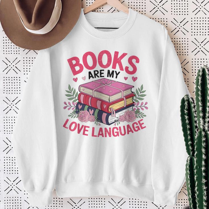 Books Are My Love Language Retro Bookworm Flowers Valentine Sweatshirt Gifts for Old Women