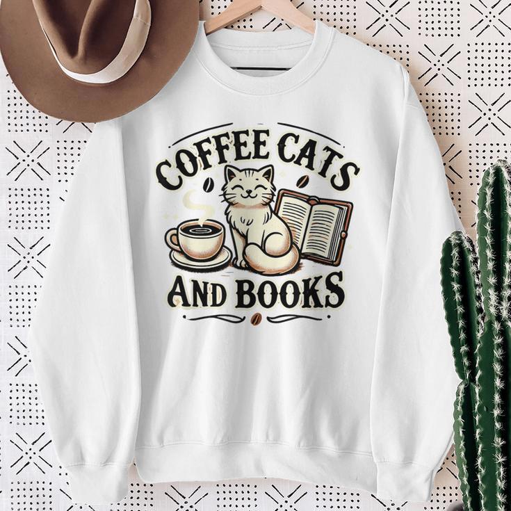 Coffee Cats And Book Reader Book Lovers Librarian Bookworm Sweatshirt Gifts for Old Women