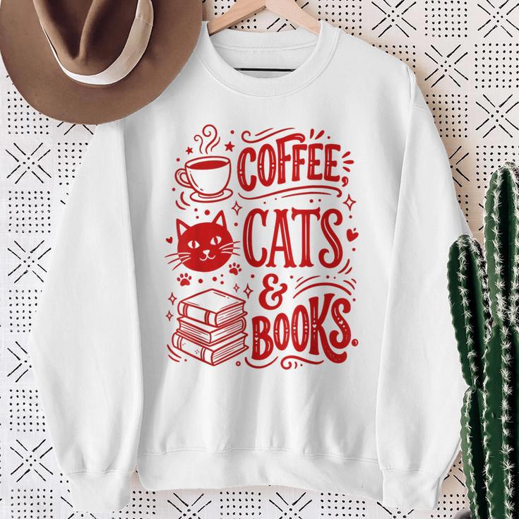 Coffee Cats And Books Lover Reading Sweatshirt Gifts for Old Women