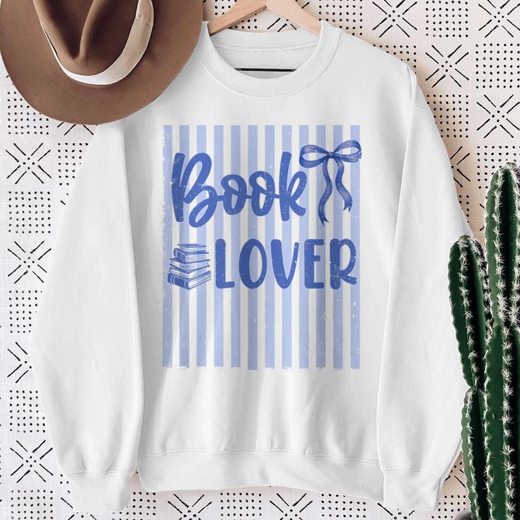 Coquette Book Lover Preppy Blue Stripes Bookworm Reading Sweatshirt Gifts for Old Women