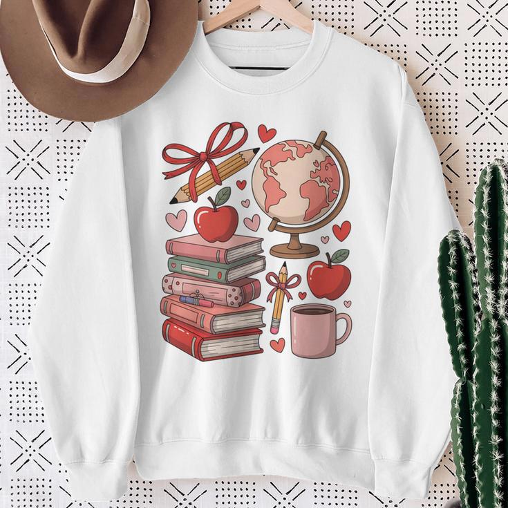 Coquette Teacher School Supplies Bows Books Globe Apple Cute Sweatshirt Gifts for Old Women