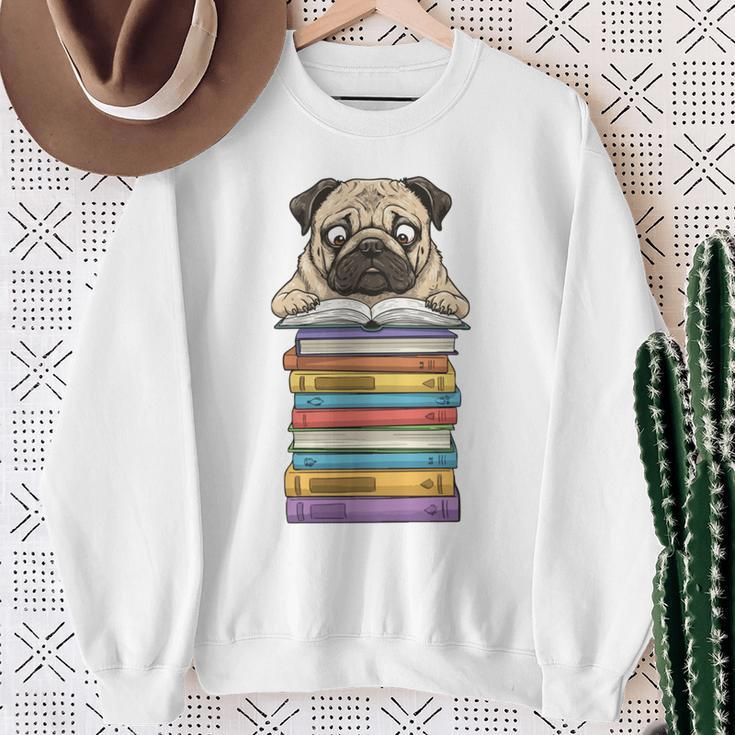 Cute Pug Dog Reading Book On Pile Of Books Sweatshirt Gifts for Old Women Cute Pug Dog Reading Book On Pile Of Books Sweatshirt Gifts for Old Women