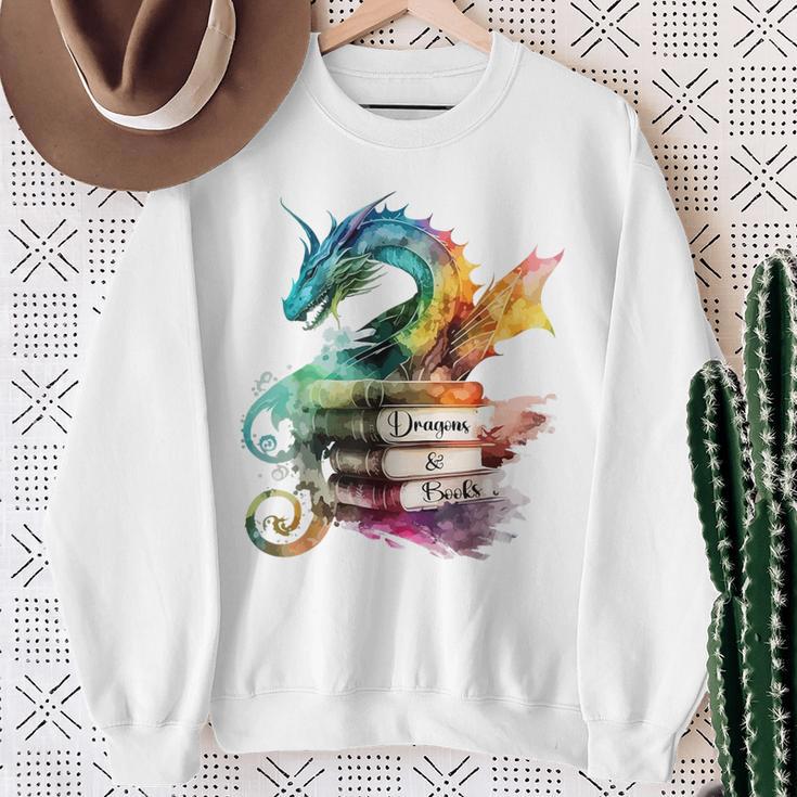 Dragons And Books Watercolor Fantasy Dragon Lover Theme Sweatshirt Gifts for Old Women