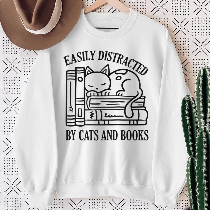 Easily Distracted By Cats And Books Shirt Cat And Book Lover Raglan Baseball Tee Sweatshirt Gifts for Old Women