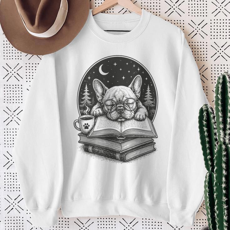 French Bulldog Reading Book Coffee Sky Glasses Sweatshirt Gifts for Old Women