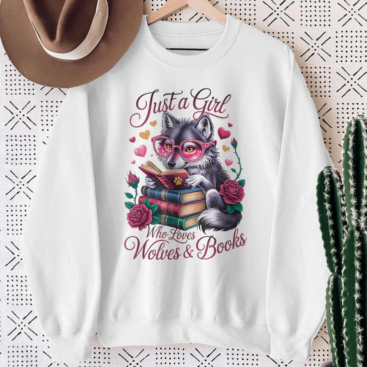 Just A Girl Who Loves Books And Wolves Librarian Teacher Sweatshirt Gifts for Old Women