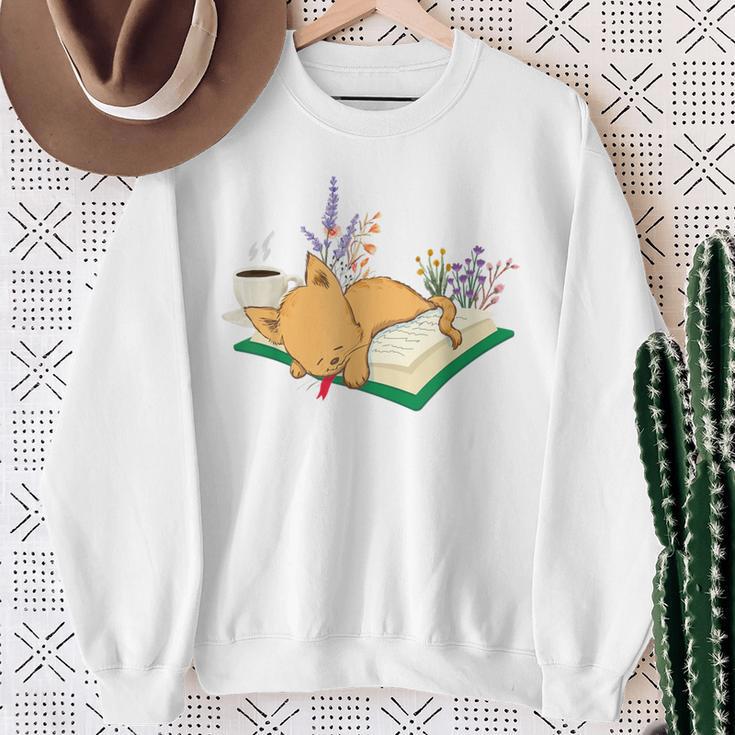 Kawaii Cat Women's Cat Books Flowers Sweatshirt Gifts for Old Women
