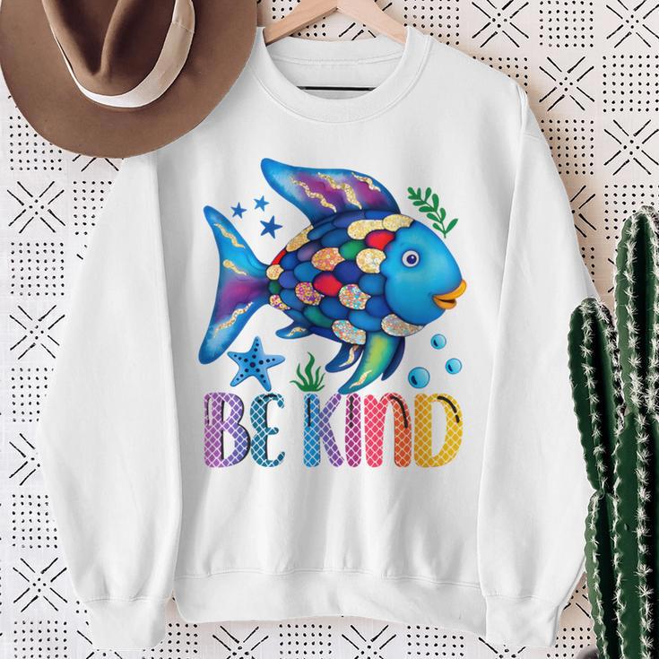 Kids Be Kind Rainbow Scale Fish Teacher Reading Book Toddler Sweatshirt Gifts for Old Women