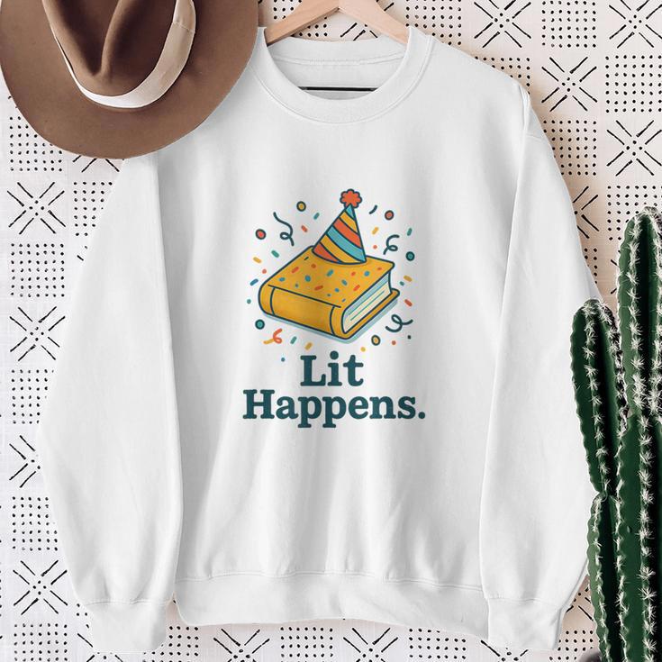 Lit Happens Book Party Hat Confetti Literary Pun Sweatshirt Gifts for Old Women