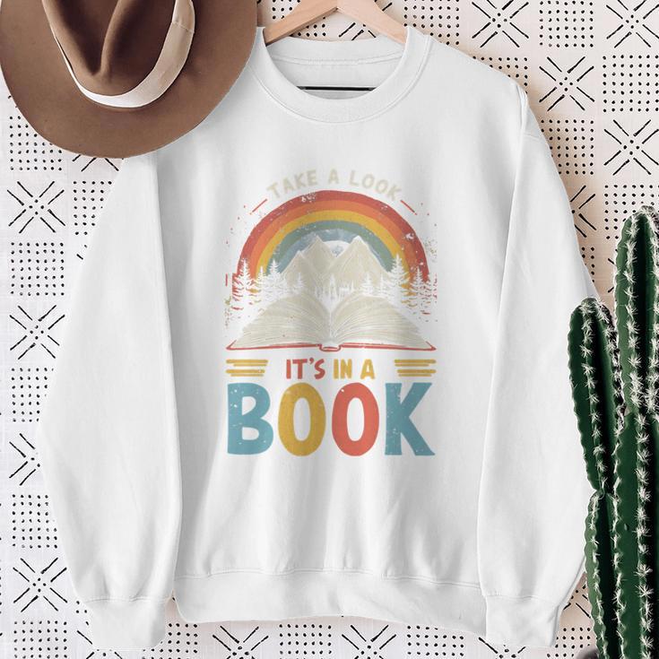 Take A Look It's In A Book Retro Reading Advocate Distressed Sweatshirt Gifts for Old Women