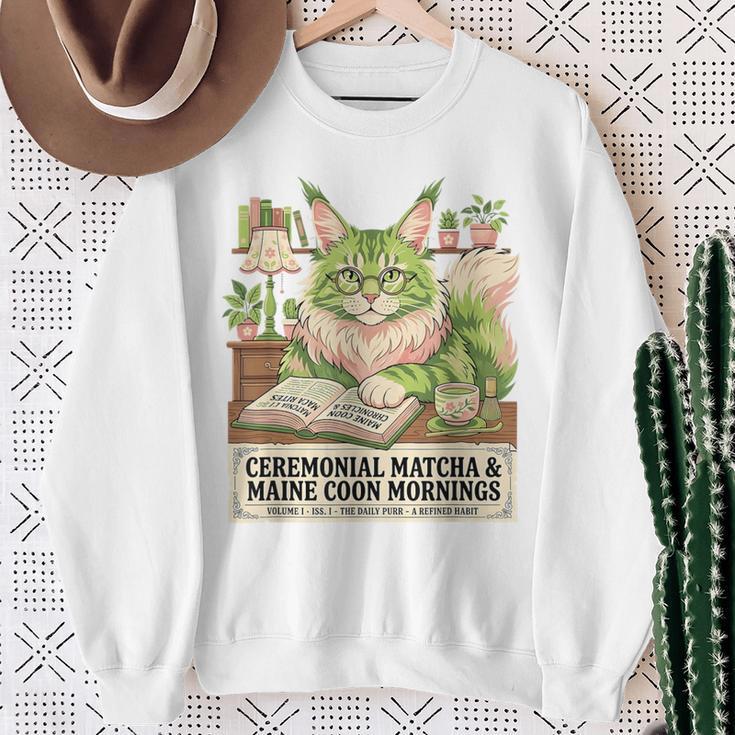Matcha Drinking Maine Coon Cat Reading Books Aesthetic Sweatshirt Gifts for Old Women