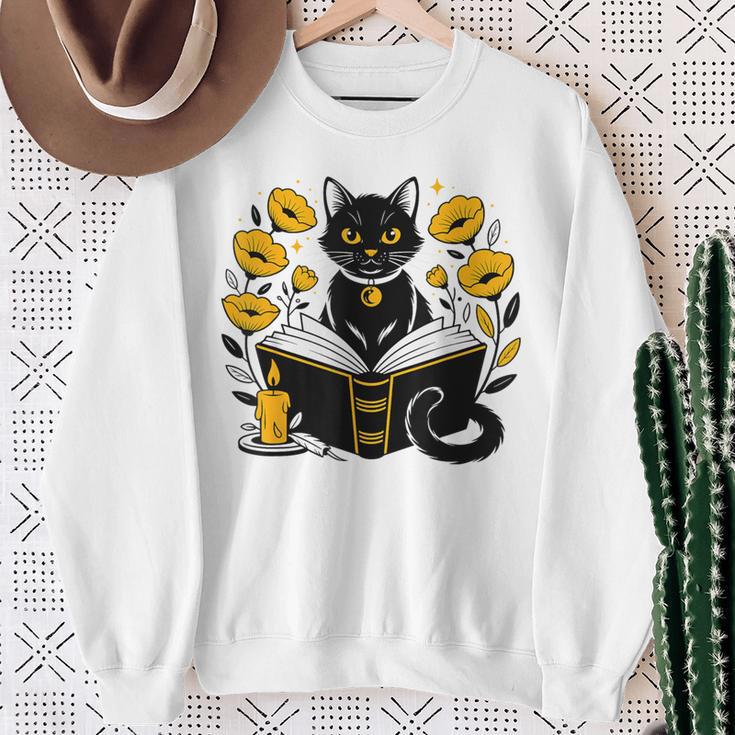 Mystic Cat With Spell Book Candle Flowers Witchcore Men Women Kids Sweatshirt Gifts for Old Women