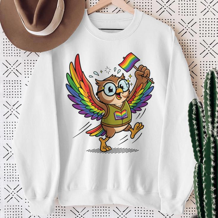 Owl With Pride Flag Book Lover Rainbow Library Sweatshirt Gifts for Old Women