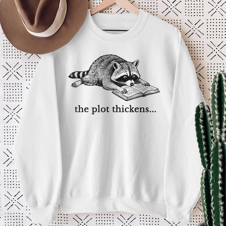 The Plot Thickens Raccoon Reading Book Bookish Sweatshirt Gifts for Old Women