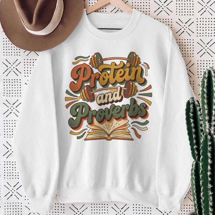 Protein And Proverbs Protein Workout Book Lover Retro Sweatshirt Gifts for Old Women