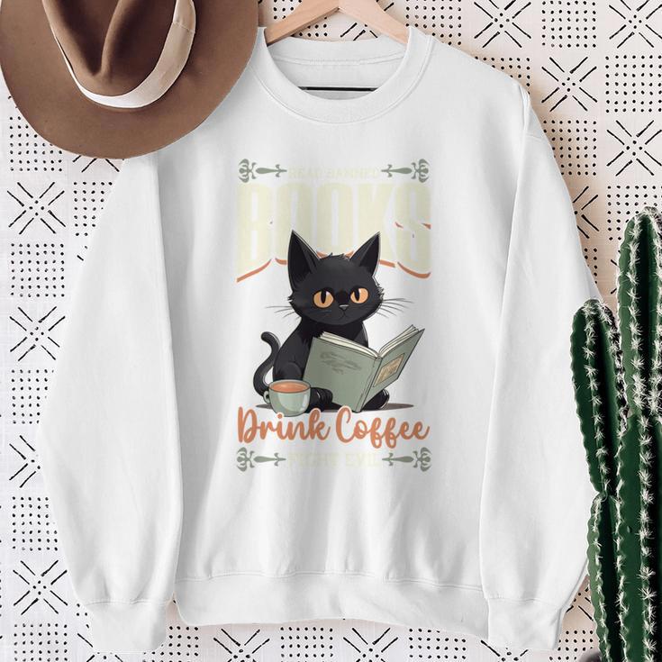 Read Banned Books Drink Coffee Fight Evil Cat Free Speech Sweatshirt Gifts for Old Women
