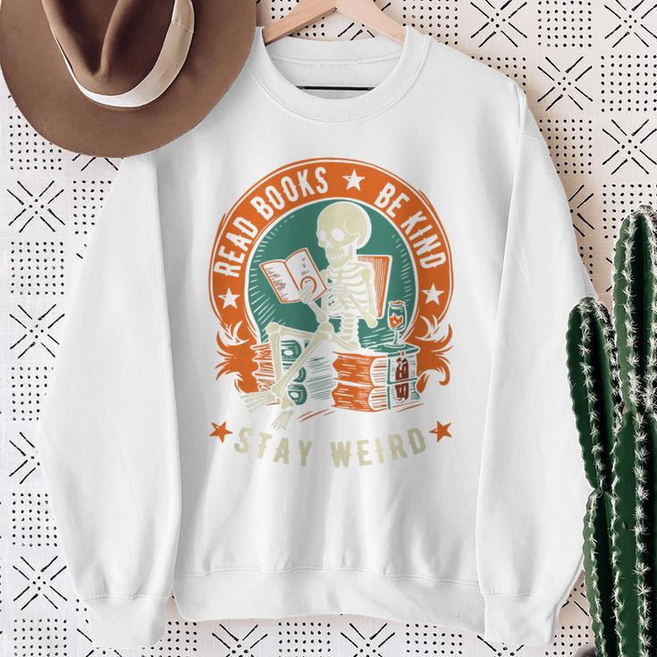 Read Books Be Kind Stay Weird Skeleton Reading Goth Bookish Premium Sweatshirt Gifts for Old Women