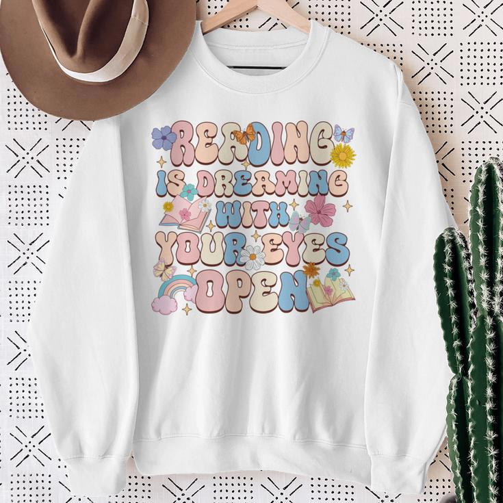 Reading Is Dreaming With Your Eyes Open Librarian Book Lover Sweatshirt Gifts for Old Women