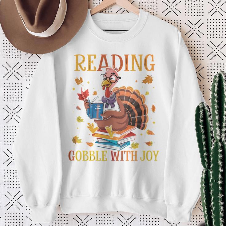 Reading Makes Me Gobble With Joy Turkey Reading Book L Sweatshirt Gifts for Old Women