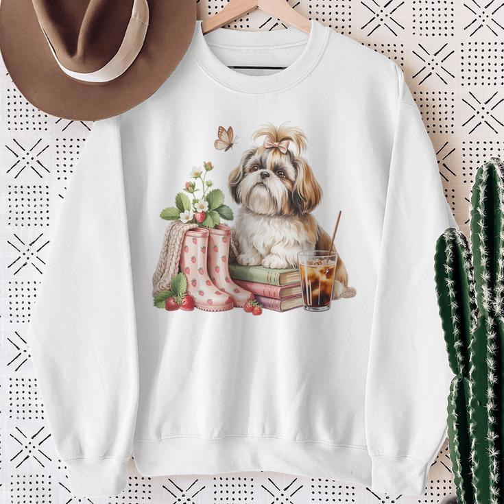 Shih Tzu Dog Garden Collections Books And Strawberries Sweatshirt Gifts for Old Women