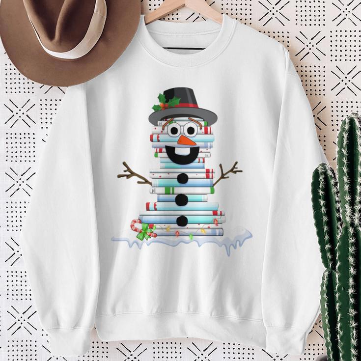 Snowman Book Stack Librarian Book Lover Christmas Sweatshirt Gifts for Old Women