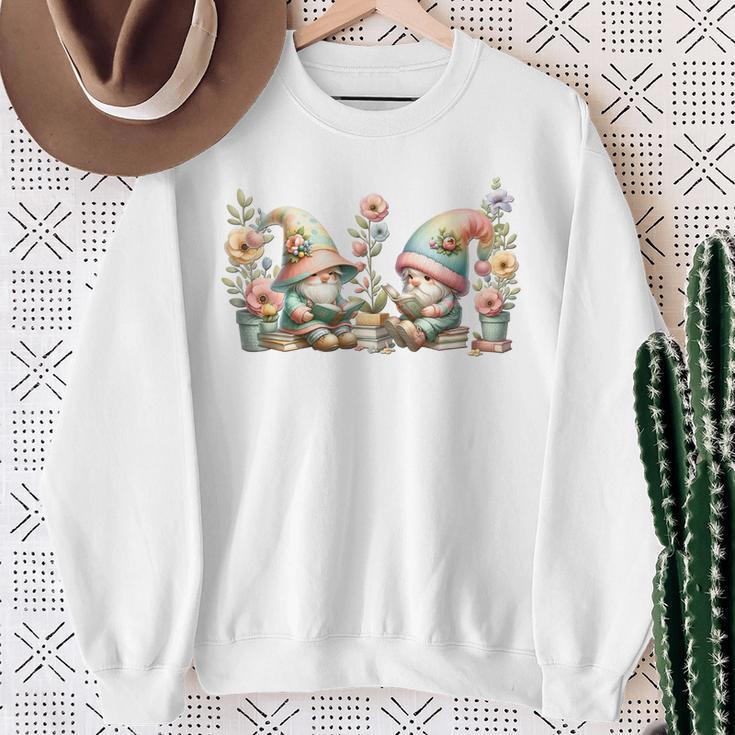 Teacher Gnome Motif Floral Stack Of Books Decor Cute Reading Sweatshirt Gifts for Old Women