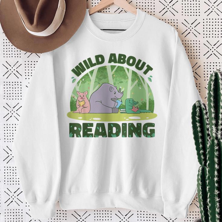 Wild About Reading Books Rhino Pig And Crocodile Sweatshirt Gifts for Old Women