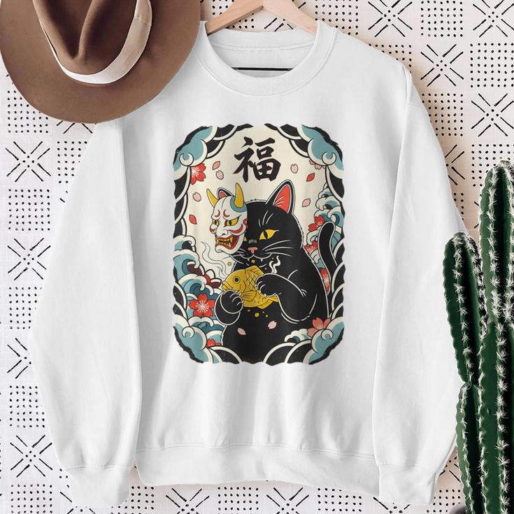 日本の浮世絵 黒子猫 鬼 マスク 魚 ハッピーチャンス アート スウェットシャツ 年配の女性への贈り物