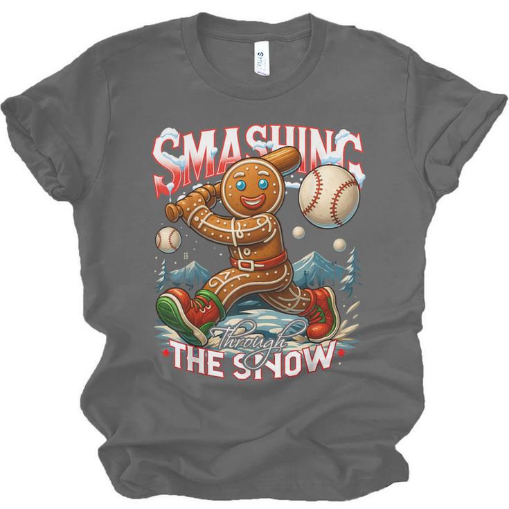 Baseball Player Christmas Gingerbread Smashing Through Snow Unisex Jersey T-Shirt