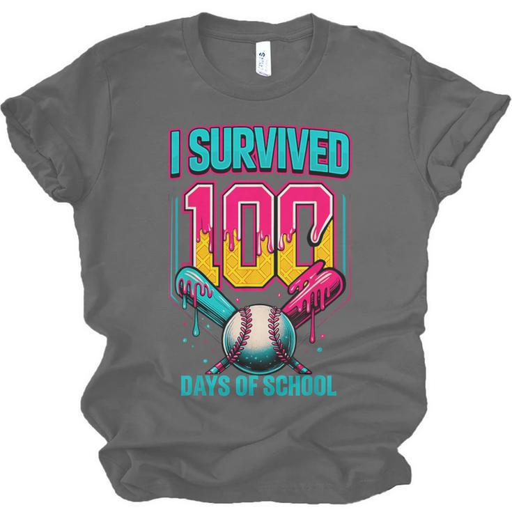 HUGvyn I Survived 100 Days Baseball Teacher Ice Cream Drip Unisex Jersey T-Shirt