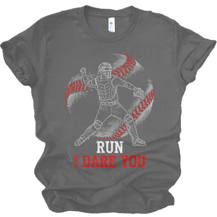 Run I Dare You Baseball Catcher Graphic Players Fans Unisex Jersey T-Shirt Run I Dare You Baseball Catcher Graphic Players Fans Unisex Jersey T-Shirt