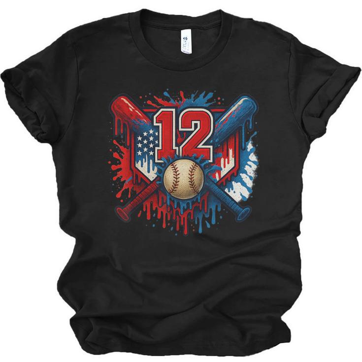 Baseball 12 Year Old Splash Drip 12th Birthday Boy Number 12 Unisex Jersey T-Shirt