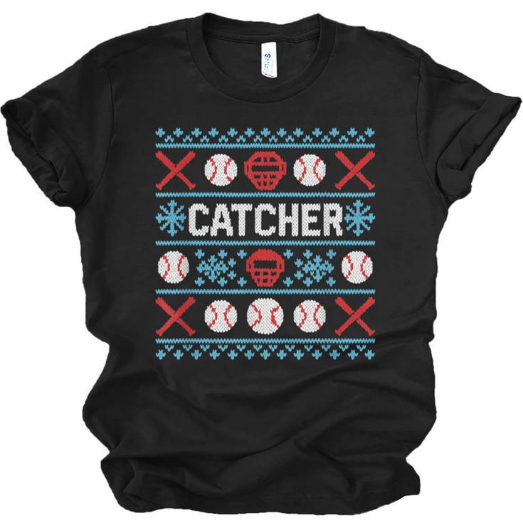 Baseball Catcher Ugly Christmas Sweater Pattern Sports Xmas Unisex Jersey T-Shirt