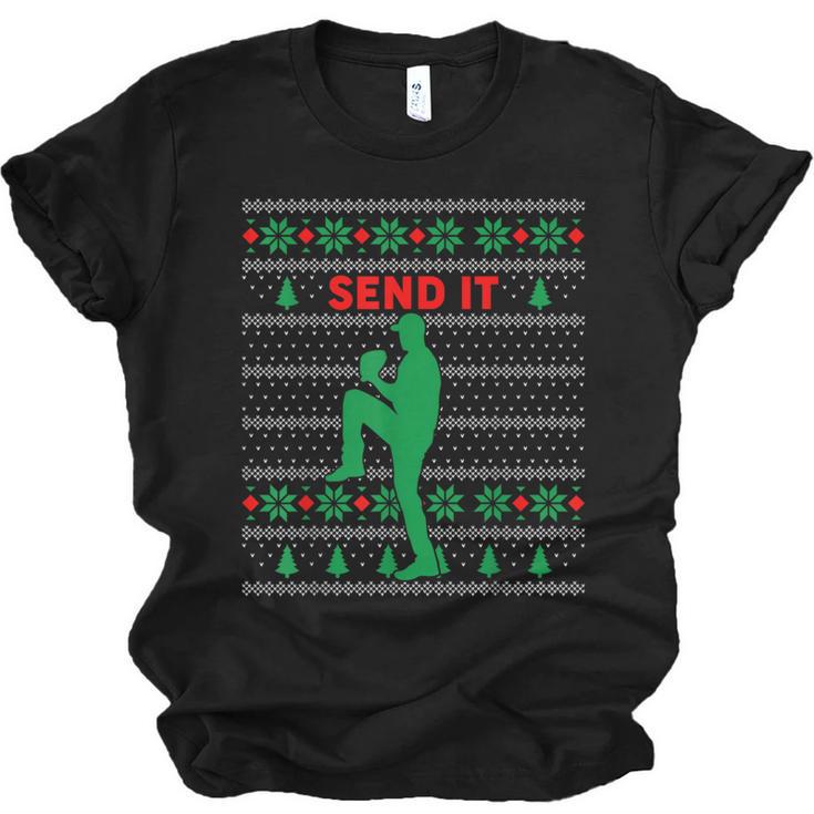 Baseball Player Christmas Pajama Send It Xmas PJs Boys Unisex Jersey T-Shirt