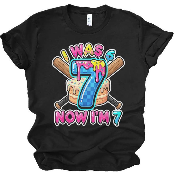 Blue Checkered I Was 6 Now I'm 7 Birthday Cake Baseball Drip Unisex Jersey T-Shirt