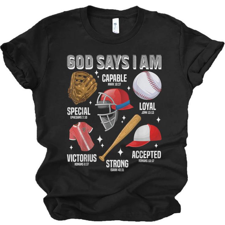 God Says I Am Baseball Player Catcher Pitcher Boys Men Unisex Jersey T-Shirt