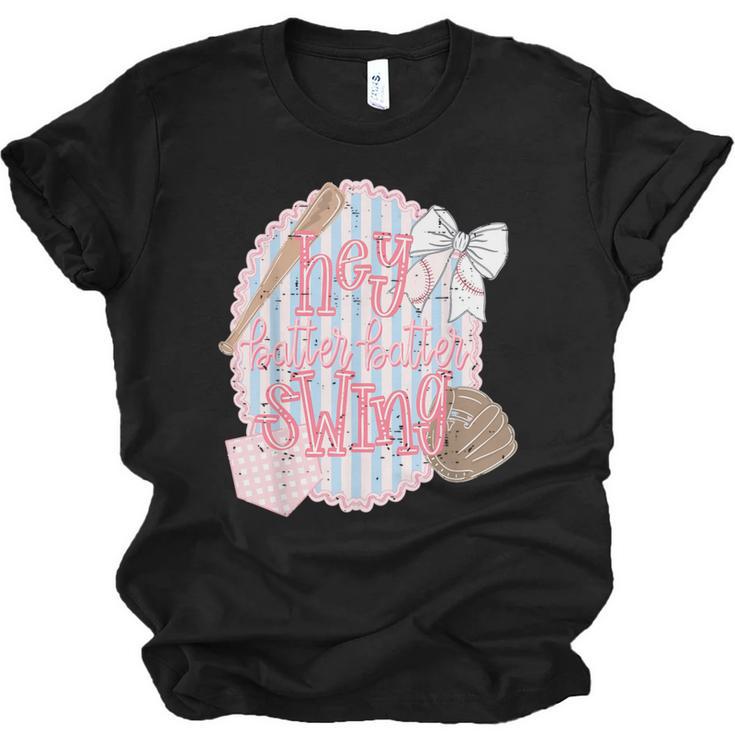 Hey Batter Batter Swing Baseball Game Day Coquette Bow Girly Unisex Jersey T-Shirt