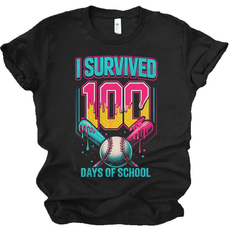 HUGvyn I Survived 100 Days Baseball Teacher Ice Cream Drip Unisex Jersey T-Shirt